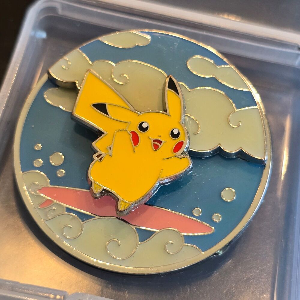 Pikachu Surfing Enamel Pin riding a pink surfboard 25th Anniversary collector